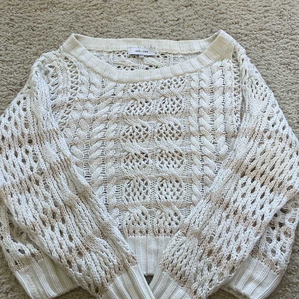 John + Jenn Cream Crew Neck Sweater with Intricate Patterns
